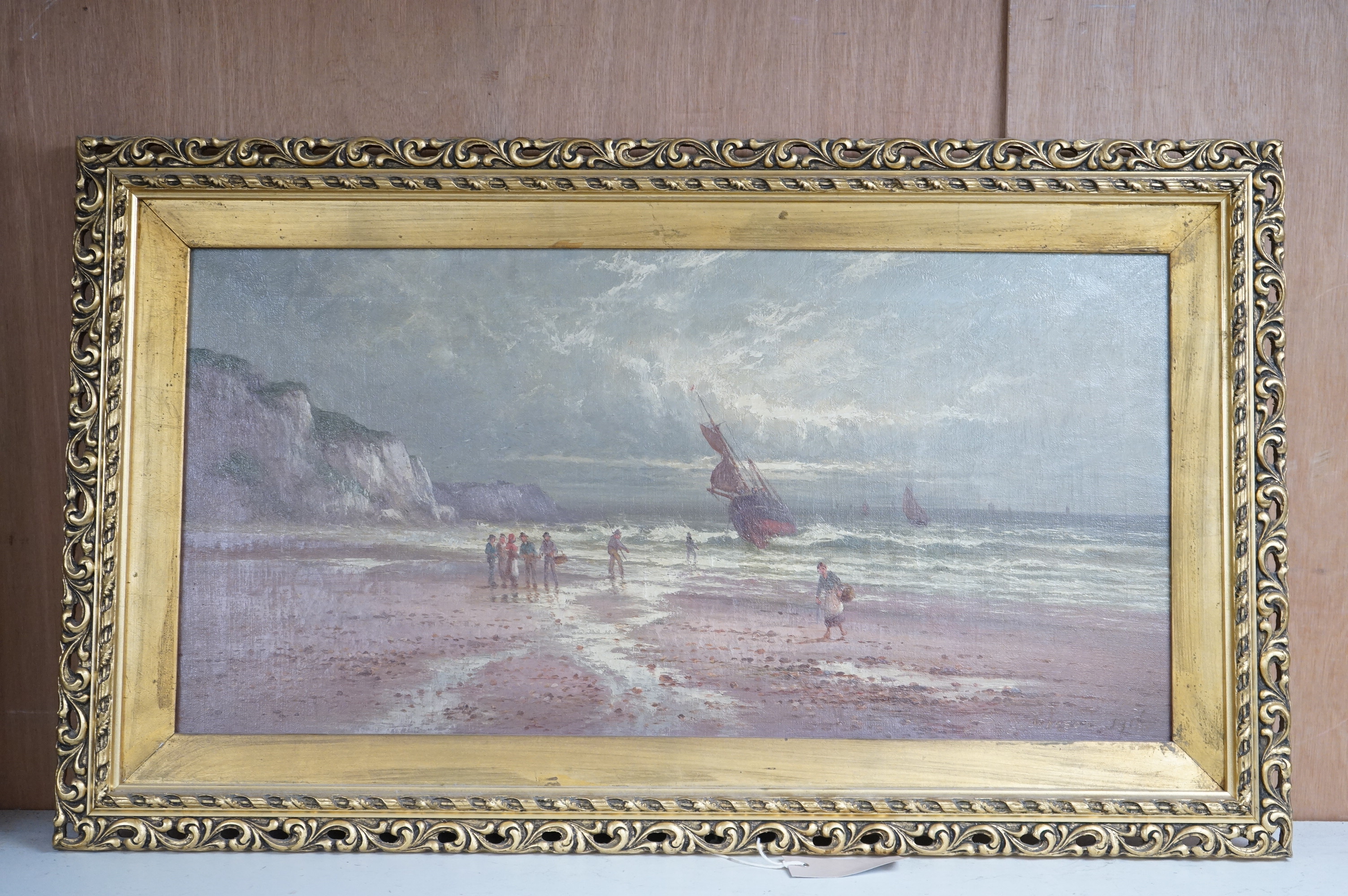 Sidney Yates Johnson (fl.1890-1926), pair of oils on canvas, Coastal scenes with fisherfolk, each signed, 29 x 59cm, housed in ornate gilt frames